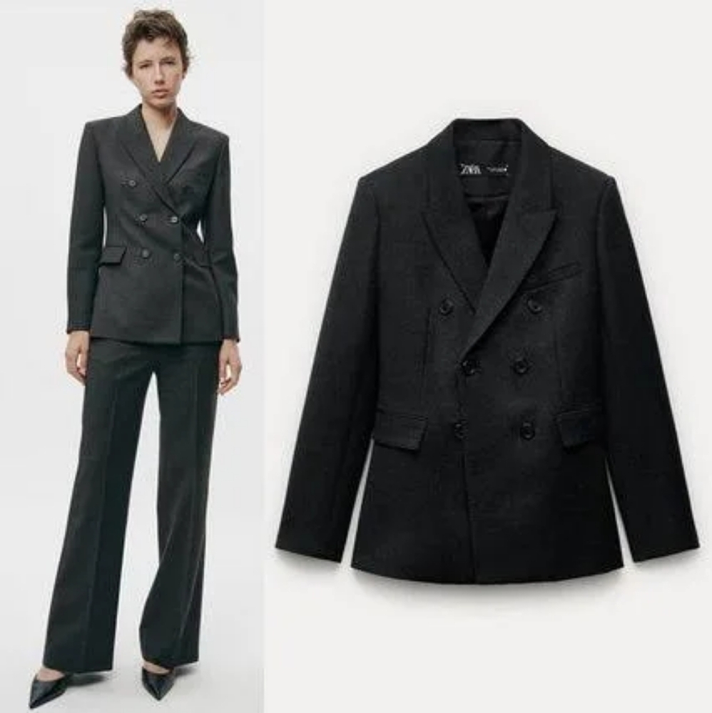 Zara Collection co-ord double-breasted wool jacket/blazer & Pants sz XL gray